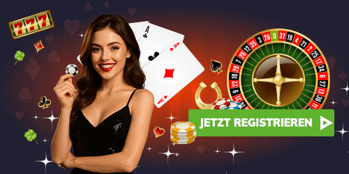 Casino Szene mit Roulette Tisch und Registrieren Button
