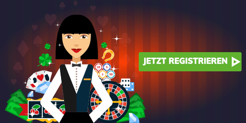 Casino Szene mit Mitarbeiterin und Registrieren Button
